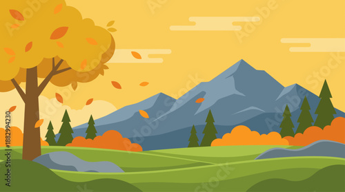 Autumn Mountain Landscape Flat Design Vector Illustration of Fall Nature Outdoors