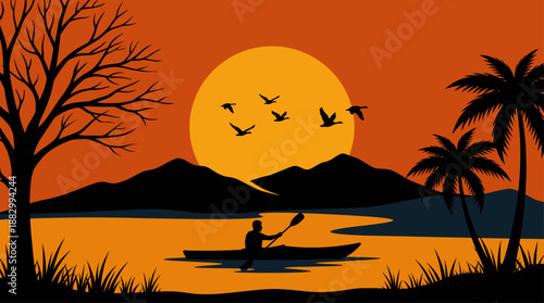 Minimalist Vector Illustration of a Kayaker at Sunset with Mountain and Palm Tree Silhouettes