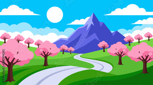Spring Landscape with Pink Cherry Blossom Trees and Mountain Peaks in Flat Design Vector Illustration