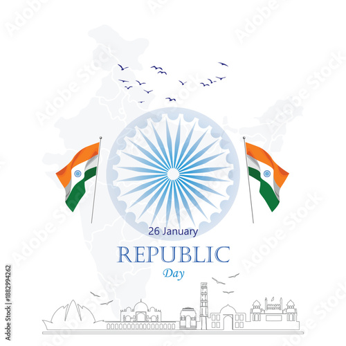 26 January Republic Day of India vector design. Features the Dharma Chakra wheel over a map outline with iconic monument silhouettes like Taj Mahal and Qutub Minar. Patriotic graphic.
