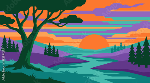 Minimalist Landscape Vector Illustration of a River at Sunset in Flat Design Style