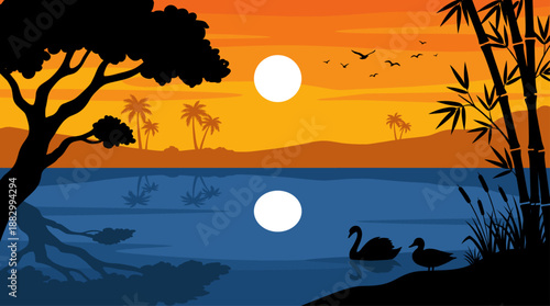 Tropical Lake Sunset Landscape with Swan and Duck Vector Illustration Flat Design