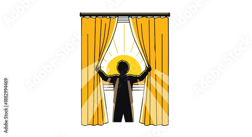 A silhouetted individual opening bright yellow curtains, revealing a radiant golden sunrise, symbolizing a fresh beginning, renewed hope, and the