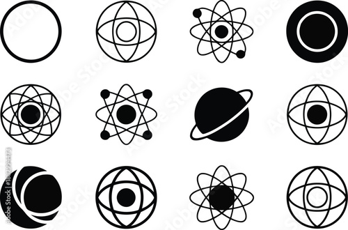 Black and white icons illustrating scientific concepts like atoms, globes, and planets in a clean grid layout