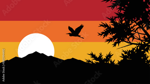 Sunset Mountain Landscape Vector Illustration with Flying Bird and Tree Silhouettes in Flat Design