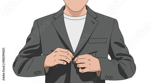 An illustration capturing the precise moment a person adjusts their impeccably tailored grey blazer, meticulously fastening the front button with