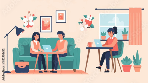 Three people work on laptops in a cozy room with plants and art