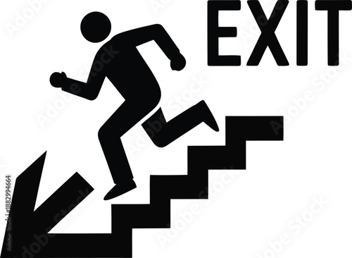 Black silhouette person running upstairs towards an exit sign with an arrow pointing downward