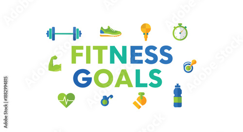 Achieve your fitness goals with this vibrant illustration featuring essential workout equipment health symbols and an inspiring message for a