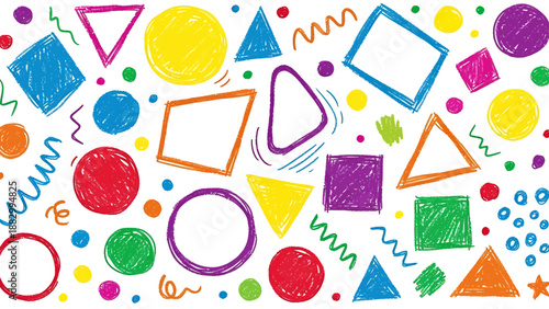 Vibrant and Playful Hand-Drawn Geometric Shapes Doodle Pattern Background - Colorful Scribble Art for Creative Projects and Kids Activities