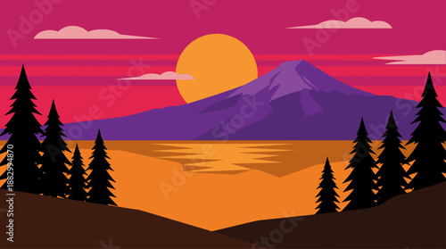 Minimalist Landscape Vector Illustration of Mountain Sunset in Flat Design Style