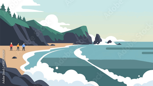 Scenic coastal view with figures walking along a sandy beach and waves