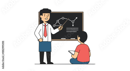 Educational illustration of a smiling teacher explaining a complex diagram to an attentive student