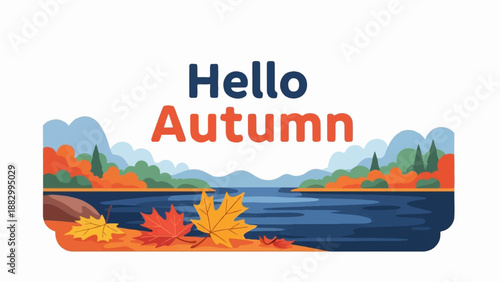 Scenic autumn landscape with colorful foliage, a lake, and mountains