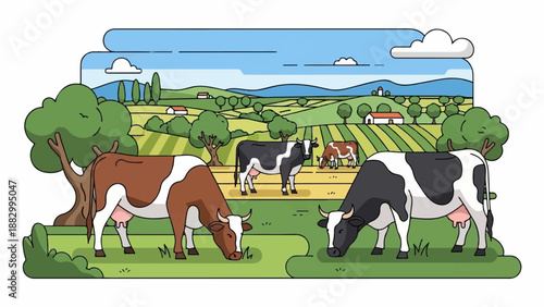 Scenic rural landscape with cows grazing in a field under a blue sky