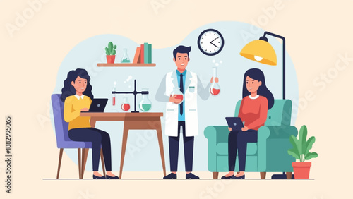 Scientists in a lab conducting experiments and working on laptops