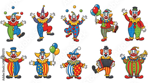 Set of happy cartoon clowns performing and juggling, colorful and vibrant characters in different poses and outfits, perfect for entertainment and circus themes