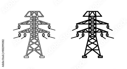 Power lines and electricity transmission tower silhouette icons vector illustration