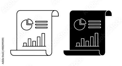 A black and white vector illustration of a financial report with charts and graphs, representing data analysis and business insights