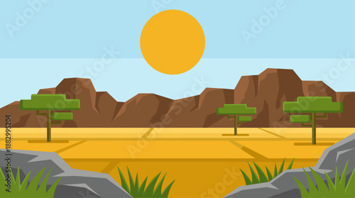 Minimalist Savannah Landscape Vector Illustration with Flat Design Sun and Mountains