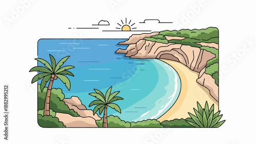Sunny tropical bay with palm trees, sandy beach, and cliffs
