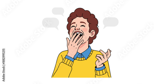 Joyful individual bursts into uncontrollable laughter covering mouth animatedly with speech bubbles conveying engaging communication