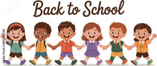 Cheerful group of diverse elementary students with backpacks holding hands walking together to school