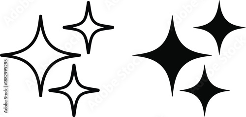 Clean icons showing groups of three four pointed stars in both outlined and filled black variations