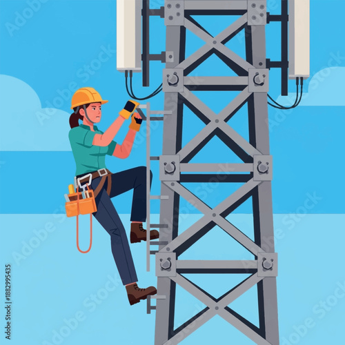 Man climbing cell tower with tools.