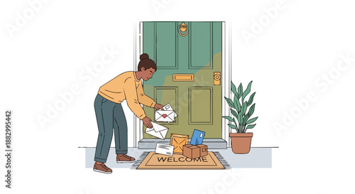 Person collecting postal deliveries and packages from their front doorstep residential mail service illustration