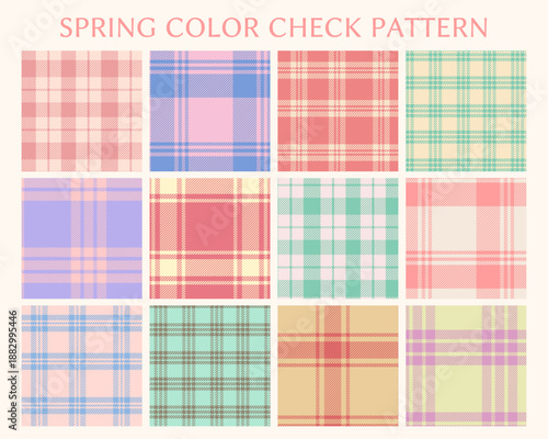 春らしいパステルカラーを中心に構成されたチェック柄パターンのイラストセット　ピンクやブルー、ミントグリーンなどのやさしい配色が特徴の壁紙など幅広い用途に使える春カラーのチェックパターン