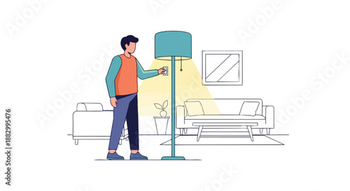 A modern individual activates interior illumination within a minimalistic home setting, casting a warm glow across contemporary living space decor