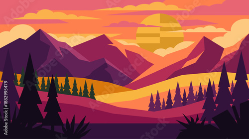 Minimalist Mountain Landscape Sunset Vector Illustration in Flat Design Style