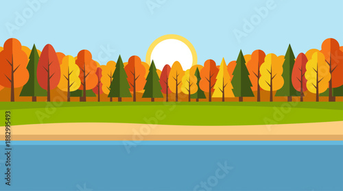 Autumn Landscape Vector Illustration with Trees Sun and River in Flat Design Style