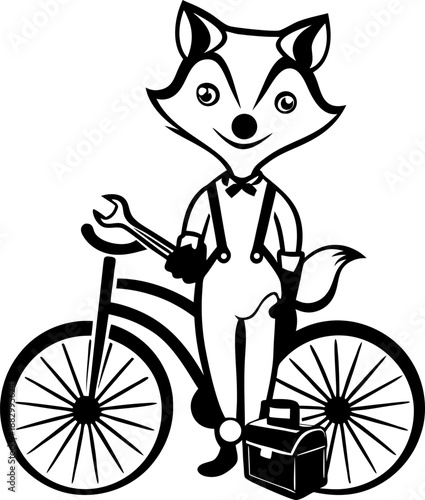 Fox mechanic holding wrench standing next to bicycle with toolbox for repair and maintenance
