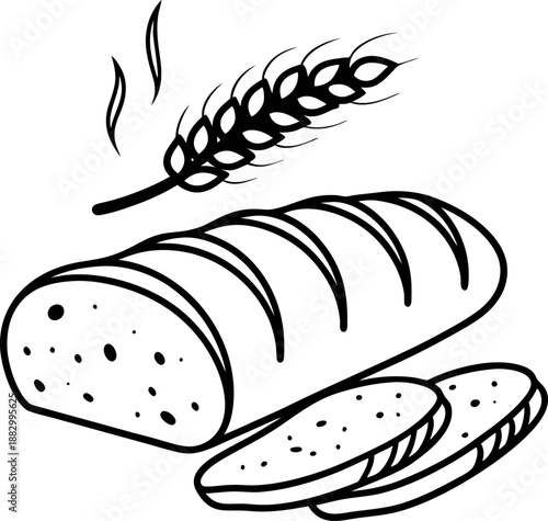 Freshly baked loaf of bread with slices and wheat stalk illustration for bakery and food concept