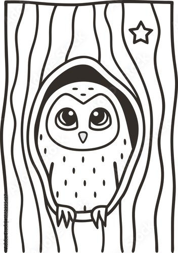 Cute owl peeking from tree hollow with star detail, black and white line art drawing for coloring book or nature design