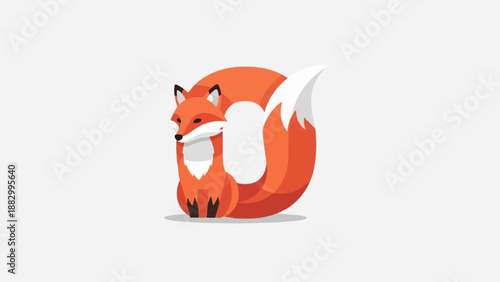Stylized orange fox curled with white-tipped bushy tail against light gray
