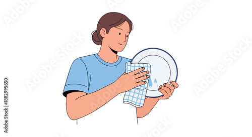 A diligent person carefully dries a clean dish with a soft, checkered cloth, embodying a commitment to domestic order and sparkling kitchen hygiene