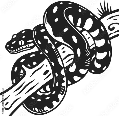 Black and white snake coiled around tree branch illustration with detailed patterns and scales design