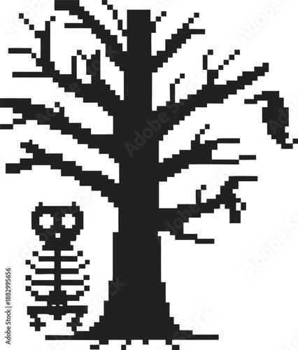 Pixel art halloween scene with bare tree, skeleton, spider, and perched crow in spooky atmosphere