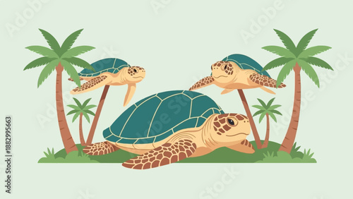 Three cartoon sea turtles with patterned shells swim near palm trees