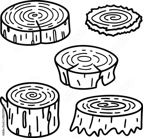 Wood tree rings and stump cross sections hand drawn set rustic natural wood texture illustrations with growth rings and bark patterns in black outline