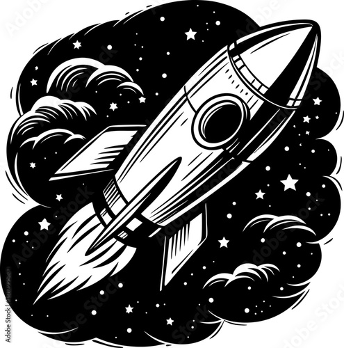 Retro rocket ship launching into starry space sky with clouds and cosmic background