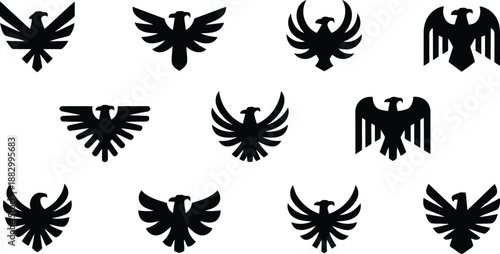 Collection of black eagle and hawk stylized symbols and heraldic crest designs