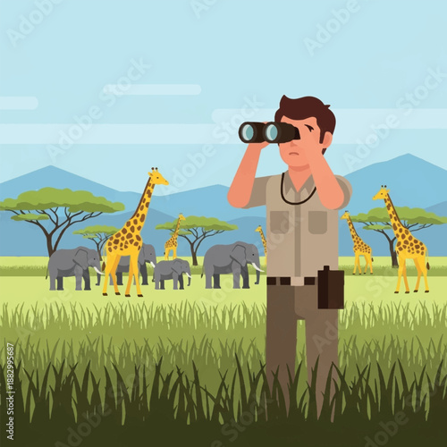 Man Looking Through Binoculars Safari.