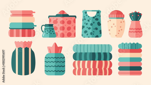 Stacked and patterned textiles and containers in coral, teal, and cream