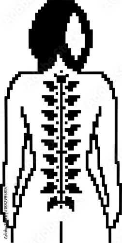 pixel art illustration of human back with highlighted spine, skeletal structure anatomy in black and white