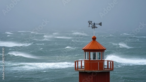anemometer. Lighthouse structure during a storm with meteorological instrumentation. ESG reports, sustainability campaigns, designed for sustainability communications and ESG reporting.