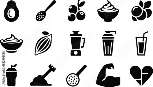 Collection of black silhouette healthy food and fitness icons for diet and exercise themes